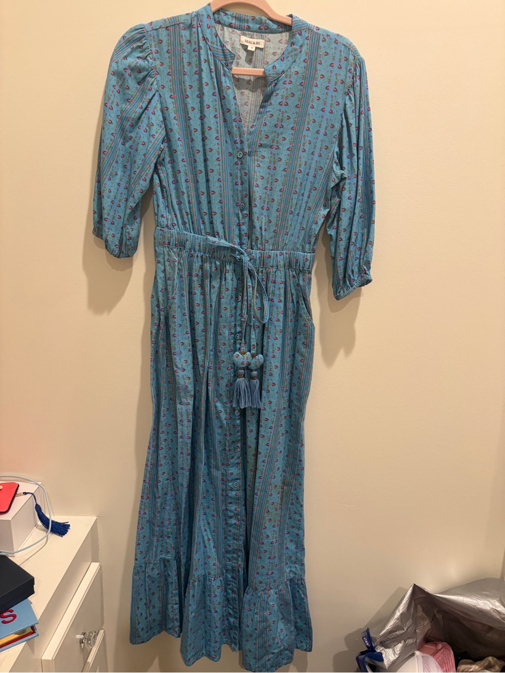 beau + ro Blue Floral Maxi Dress with Tassel Tie